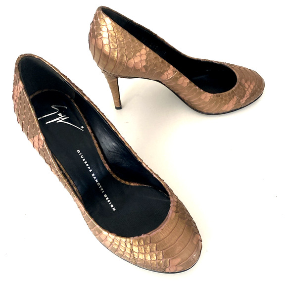 Giuseppe Zanotti Embossed Snakeskin Pump Python Bronze Round Toe Slim Heel 35.5 - Picture 5 of 13